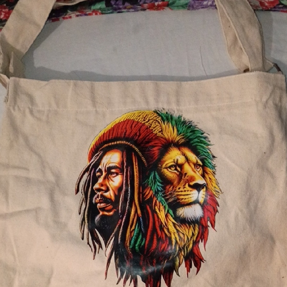 Canvas Tote Bag with Colorful Lion and Man Design